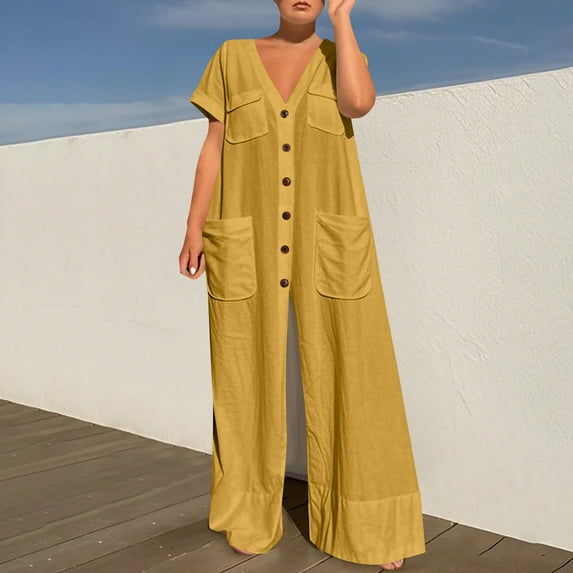 Women's Casual Long Sleeve Round Neck Jumpsuits Work Wide Leg Pants Club Party Loose Rompers Yellow 2XL