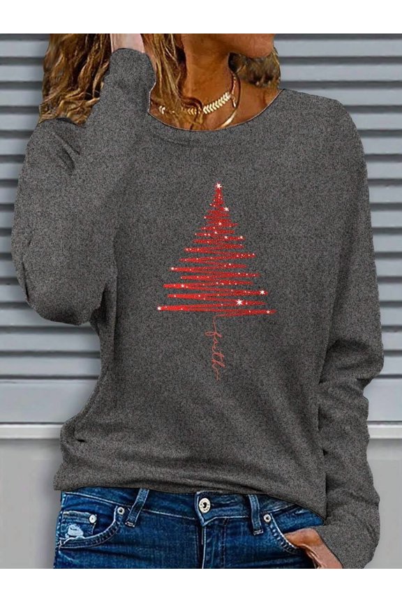 Women's Casual Long Sleeve Round Neck Pattern Printed T-Shirt - Red Christmas Tree Design Comfortable Fabric Machine Washable Suitable For Autumn Winter Festive Seasons Family Christmas Shirt