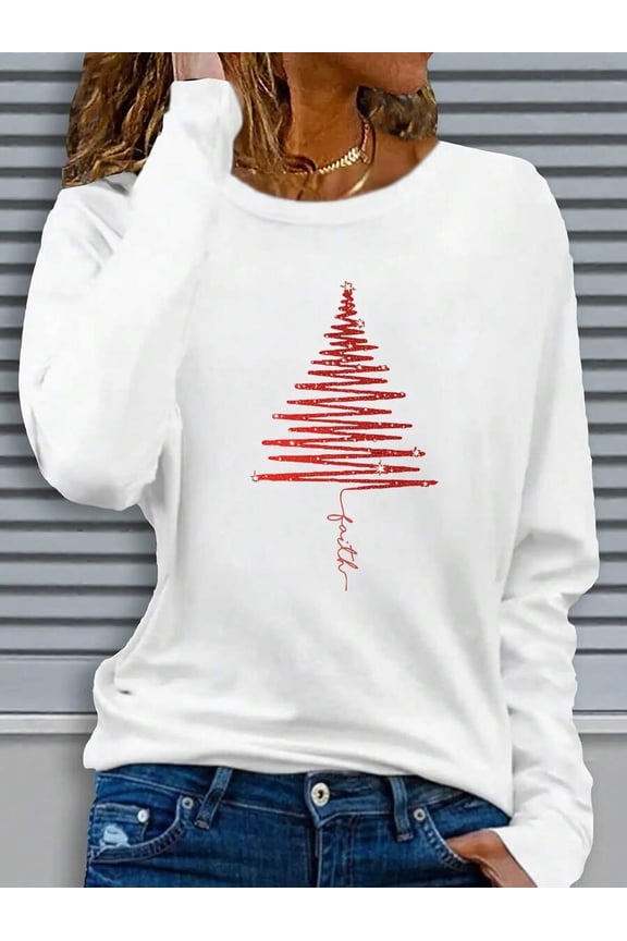 Women's Casual Long Sleeve Round Neck Pattern Printed T-Shirt - Red Christmas Tree Design, Comfortable Fabric, Machine Washable, Suitable For Autumn And Winter Festive Seasons,