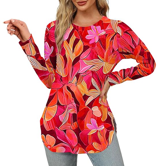 Women's Casual Long Sleeve Round Neck Printed T Shirt Fashionable Loose Top for Fall Autumn