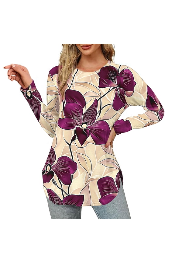 Women's Casual Long Sleeve Round Neck Printed T Shirt Fashionable Loose Top for Fall Autumn