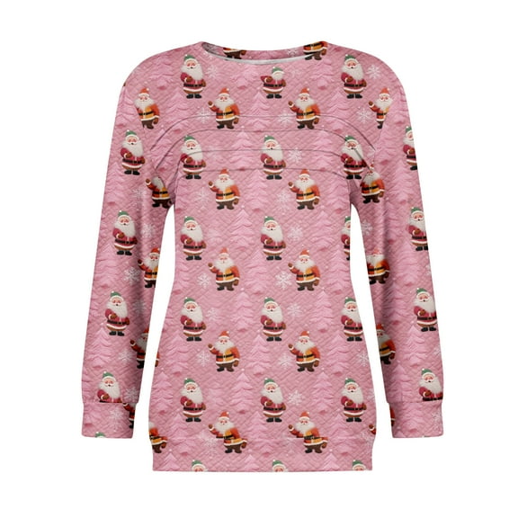Women's Casual Long Sleeve Round Neck Sweatshirt Fit Pleated Top with Christmas Print for Fashionable Holiday Outfits and Comfortable Wear,Light pink,S