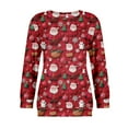 thumbnail image 1 of Women's Casual Long Sleeve Round Neck Sweatshirt Fit Pleated Top with Christmas Print for Fashionable Holiday Outfits and Comfortable Wear,Deep Red,L, 1 of 6