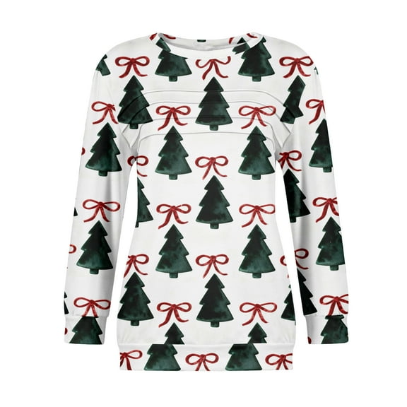 Women's Casual Long Sleeve Round Neck Sweatshirt Fit Pleated Top with Christmas Print for Fashionable Holiday Outfits and Comfortable Wear,Green,S