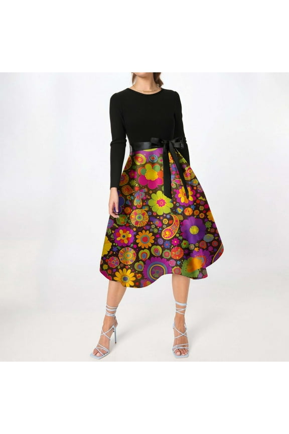Women's Casual Long Sleeve Round Neck Zip Up Dress With Festival Print For Parties And Everyday Wear Casual Maxi Dress for Women Business Dress with Pockets Womens Dresses Short Casual Maxi Dress