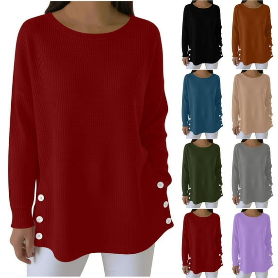 Women's Casual Long Sleeve Solid Color Round Neck Button Down Blouse Pullover Top Tunic Loose Fit Soft Breathable for Work Office Business Casual Daily Wear Fashion Essential Gift
