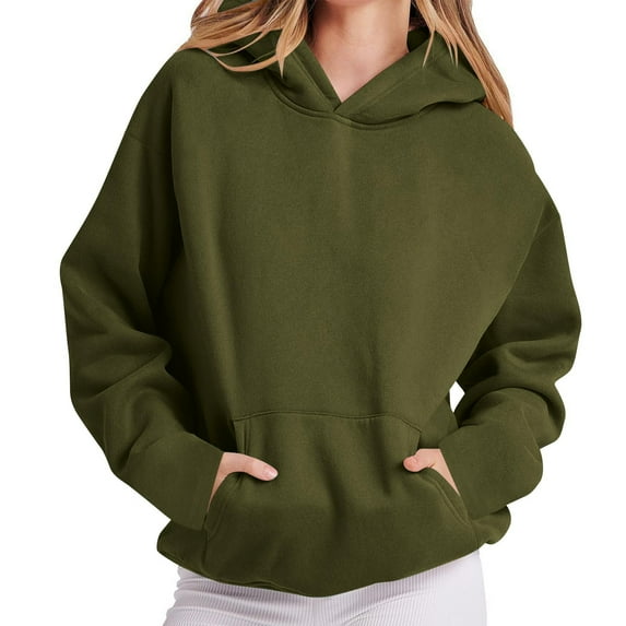 Women's Casual Long Sleeve Solid Color Tops Crewneck Sweatshirts Cute Loose Fit Pullover with Pockets Army Green S