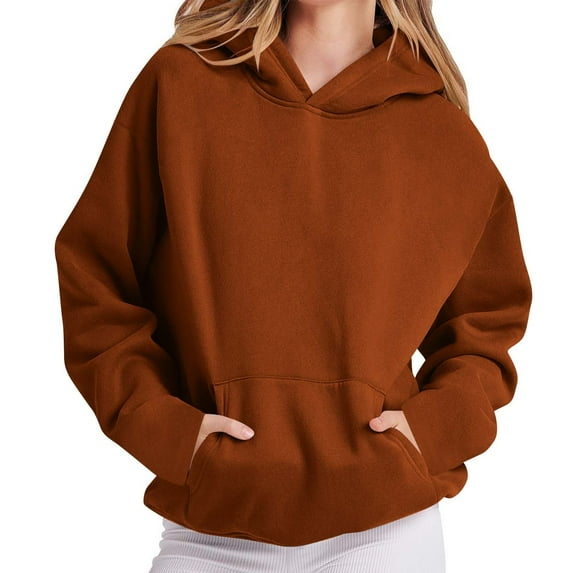 Women's Casual Long Sleeve Solid Color Tops Crewneck Sweatshirts Cute Loose Fit Pullover with Pockets Brown L