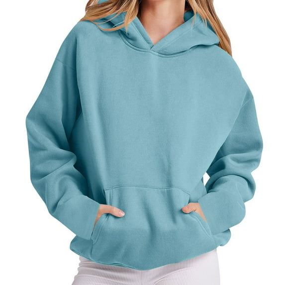 Women's Casual Long Sleeve Solid Color Tops Crewneck Sweatshirts Cute Loose Fit Pullover with Pockets Light Blue XXL