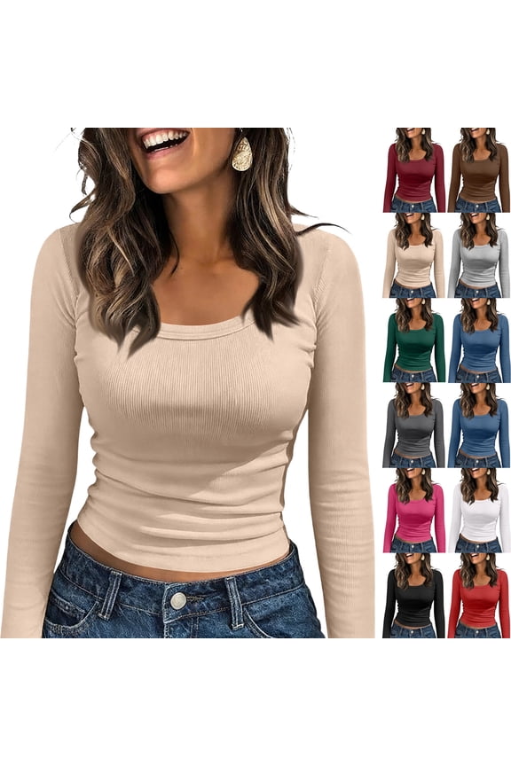 Women's Casual Long Sleeve Square Neck Summer Tops Ribbed Knit Slim Fit Tee Shirts, Beige L