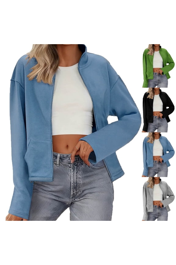 Women's Casual Long Sleeve Stand Collar Jacket Coat Outerwear with Zipper Pockets, Loose Fit Windproof Warm, Autumn Winter Fashion Gift | CSEONE,Gray L