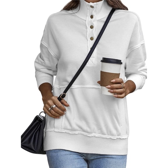 Women's Casual Long Sleeve Stand Neck Sweatshirt Button Drawstring Pullover Tops White S