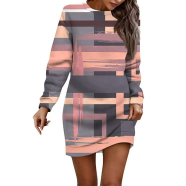 Women's Casual Long Sleeve Striped Color Block Mini Dress Comfortable Loose Fit Pullover Tunic Top