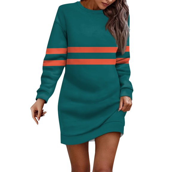 Women's Casual Long Sleeve Striped Sweatshirt Dress Comfortable Loose Fit Pullover Tunic