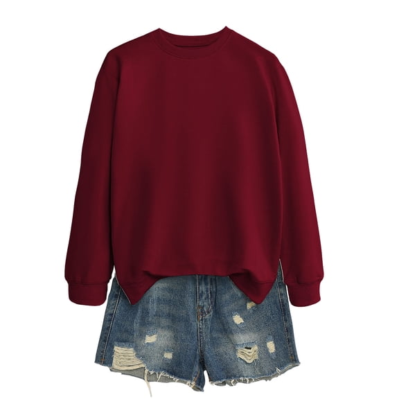 Women’s Casual Long Sleeve Sweatshirt, Basic Crewneck Oversized Pullover Tops, Solid Color Loose Fit Jumper Wine