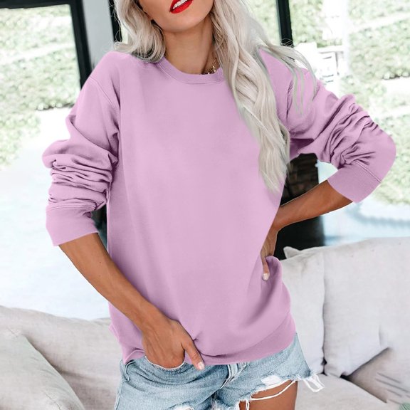 Women’s Casual Long Sleeve Sweatshirt Solid Color Crewneck Pullover Top Loose Fit Lightweight Fashion Shirts for Autumn Winter Daily Wear Purple