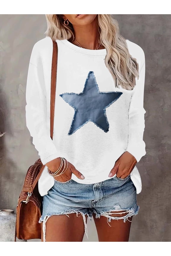 Women's Casual Long Sleeve T-Shirt with Blue Star Print - Relaxed Fit Round Neck Machine Washable All-Season Top, Ladies T Shirts Allseason Clothing Comfortable Wear