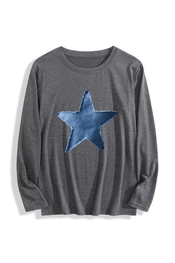 Women's Casual Long Sleeve T-Shirt with Blue Star Print - Relaxed Fit Round Neck Machine Washable All-Season Top, Ladies T Shirts Allseason Clothing Comfortable Wear