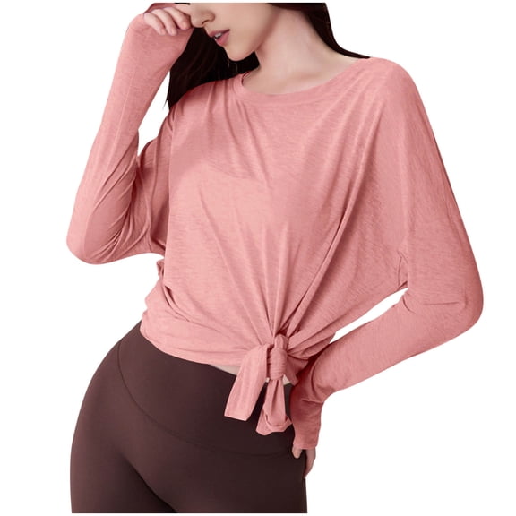 Women's Casual Long Sleeve T Shirt Crewneck Side Split Fall Tie Knot Pullover Loose Tunic Tops Loose Yoga Blouses Pink L