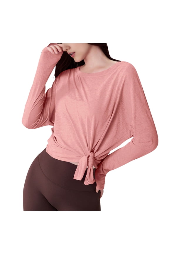 Women's Casual Long Sleeve T Shirt Crewneck Side Split Fall Tie Knot Pullover Loose Tunic Tops Loose Yoga Blouses Pink XL