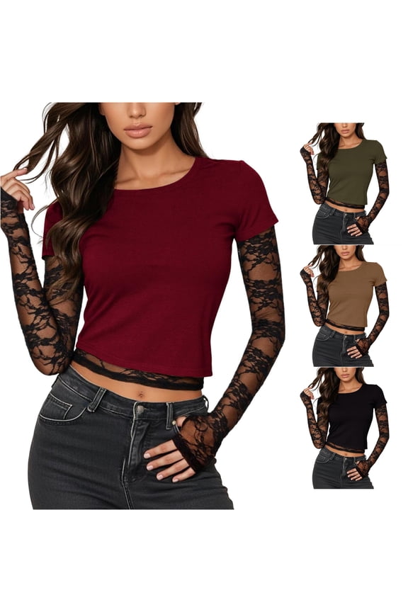Women's Casual Long Sleeve T Shirt With Lace Detail For Daily Wear And Style Comfortable Versatile Top For All Seasons Designed For Everyday Red S