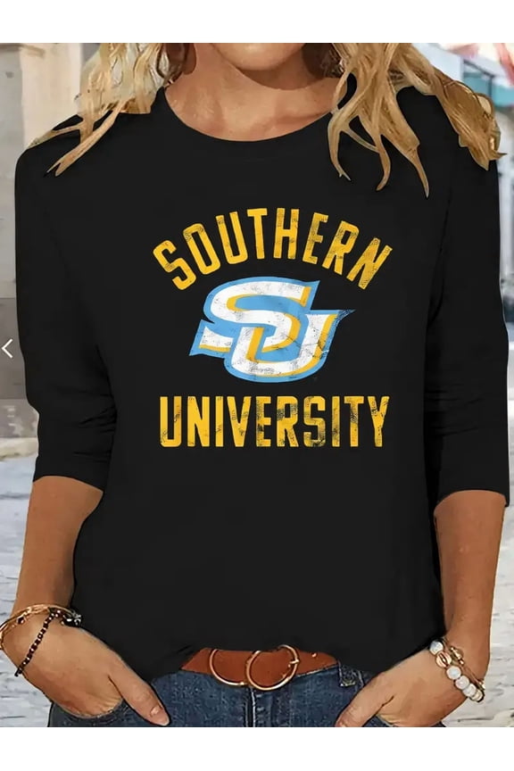Women's Casual Long Sleeve T-Shirt with Southern University Graphic Print - Black & Yellow Lettering,