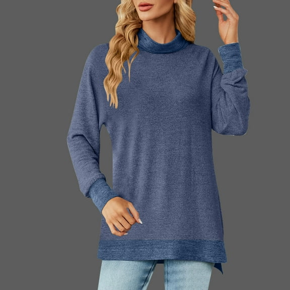 Women's Casual Long Sleeve T-Shirts Round Neck Cute Tunic Tops Basic Tees Blouses Loose Fit Pullover Blue XL