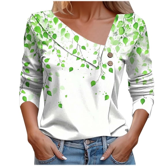 Women's Casual Long Sleeve T-Shirts V Neck Cute Tunic Tops Floral Basic Tees Loose Fit Business Work Blouses