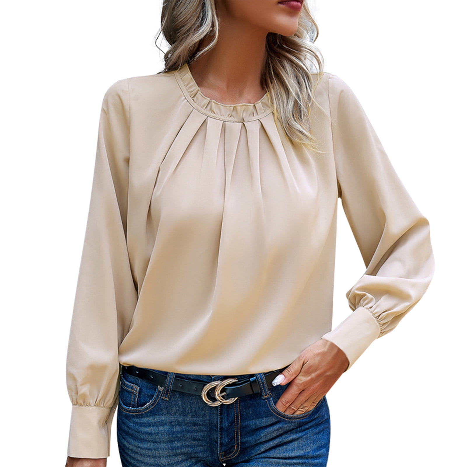 Women s Casual Long Sleeve Top Round Neck Basic Pleated Top Shirt Sleeve Ruffled Collar Blouse Khaki L Walmart