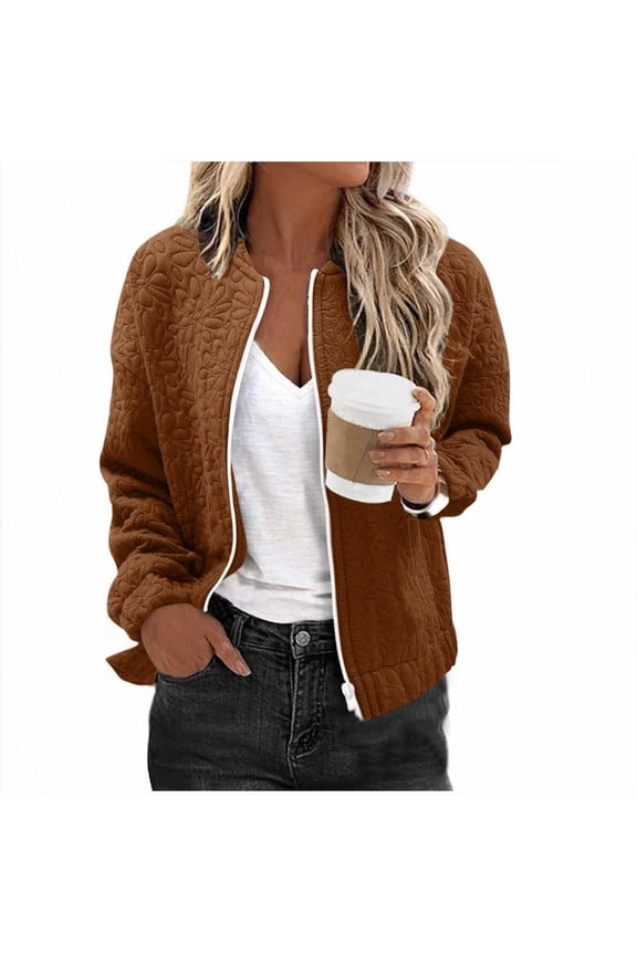 Women's Casual Long Sleeve Top with Front Zipper and Pocket, Round Neck Blouse in Nylon and Spandex Blend for Fashion Comfort and Daily Wear