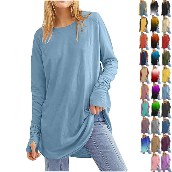 Women's Casual Long Sleeve Tops Crew Neck Round Hem Loose T-Shirts Tops with Thumb Holes Lightweight Workout Tops Running Pullover Women T Shirt Round Neck Basic Solid Color Loose Tops