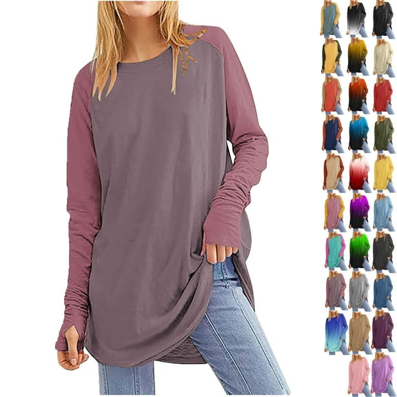 Women's Casual Long Sleeve Tops Crew Neck Round Hem Loose T-Shirts Tops with Thumb Holes Lightweight Workout Tops Running Pullover Women T Shirt Round Neck Basic Color Blocking Loose Tops