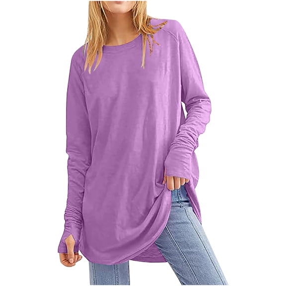 Women's Casual Long Sleeve Tops Crew Neck Round Hem Loose T-Shirts Tops with Thumb Holes Lightweight Workout Tops Running Pullover Women T Shirt Round Neck Basic Solid Color Loose Tops
