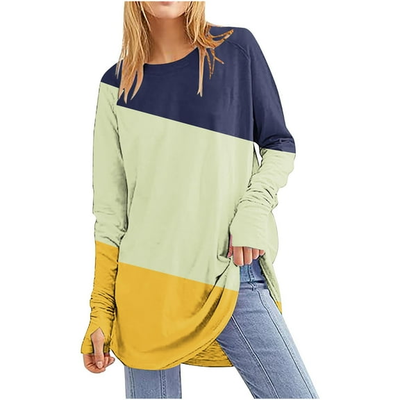 Women's Casual Long Sleeve Tops Crew Neck Round Hem Loose T-Shirts Tops with Thumb Holes Lightweight Workout Tops Running Pullover Women T Shirt Round Neck Basic Color Blocking Loose Tops