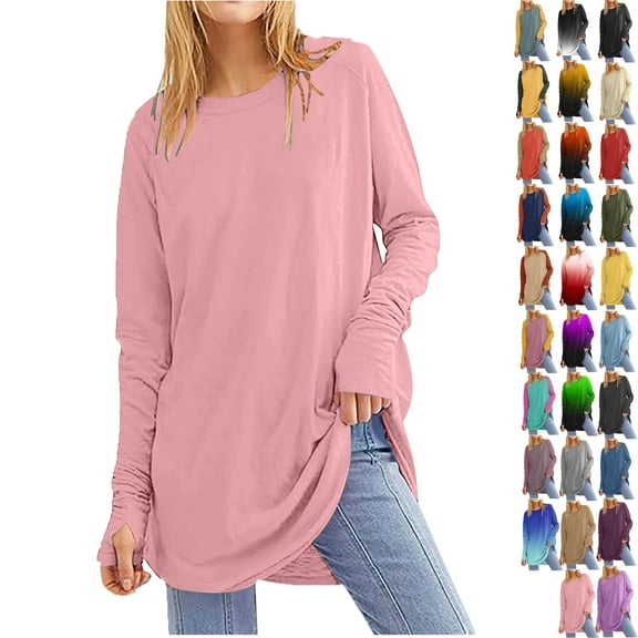 Women's Casual Long Sleeve Tops Crew Neck Round Hem Loose T-Shirts Tops with Thumb Holes Lightweight Workout Tops Running Pullover Women T Shirt Round Neck Basic Solid Color Loose Tops