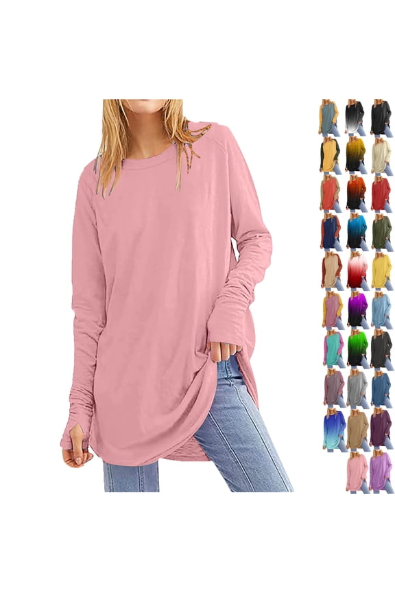 Women's Casual Long Sleeve Tops Crew Neck Round Hem Loose T-Shirts Tops with Thumb Holes Lightweight Workout Tops Running Pullover Women T Shirt Round Neck Basic Solid Color Loose Tops