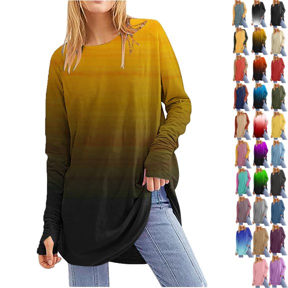 Women's Casual Long Sleeve Tops Crew Neck Round Hem Loose T-Shirts Tops with Thumb Holes Lightweight Workout Tops Running Pullover Women T Shirt Round Neck Basic Gradient Color Loose Tops