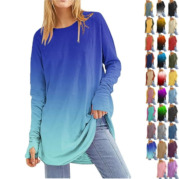 Women's Casual Long Sleeve Tops Crew Neck Round Hem Loose T-Shirts Tops with Thumb Holes Lightweight Workout Tops Running Pullover Women T Shirt Round Neck Basic Gradient Color Loose Tops