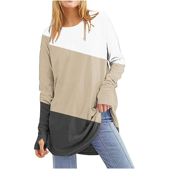 Women's Casual Long Sleeve Tops Crew Neck Round Hem Loose T-Shirts Tops with Thumb Holes Lightweight Workout Tops Running Pullover Women T Shirt Round Neck Basic Color Blocking Loose Tops