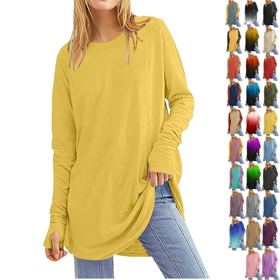 Women's Casual Long Sleeve Tops Crew Neck Round Hem Loose T-Shirts Tops with Thumb Holes Lightweight Workout Tops Running Pullover Women T Shirt Round Neck Basic Solid Color Loose Tops