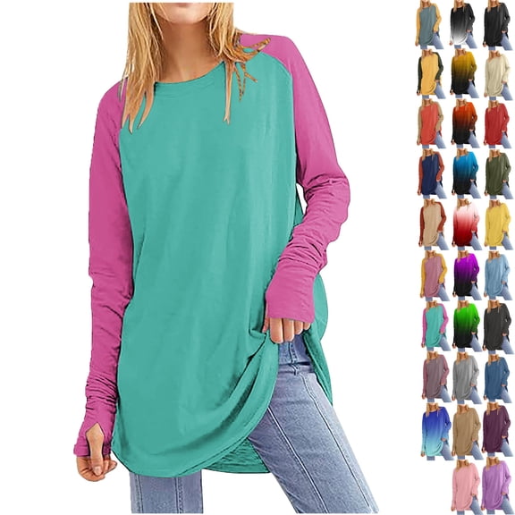 Women's Casual Long Sleeve Tops Crew Neck Round Hem Loose T-Shirts Tops with Thumb Holes Lightweight Workout Tops Running Pullover Women T Shirt Round Neck Basic Color Blocking Loose Tops