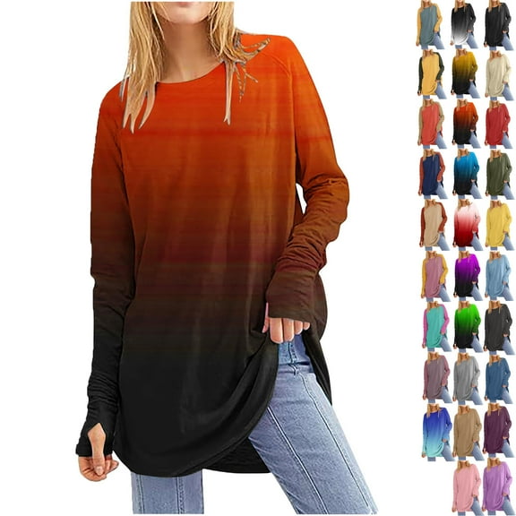 Women's Casual Long Sleeve Tops Crew Neck Round Hem Loose T-Shirts Tops with Thumb Holes Lightweight Workout Tops Running Pullover Women T Shirt Round Neck Basic Gradient Color Loose Tops