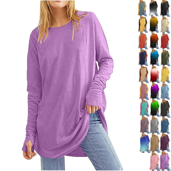 Women's Casual Long Sleeve Tops Crew Neck Round Hem Loose T-Shirts Tops with Thumb Holes Lightweight Workout Tops Running Pullover Women T Shirt Round Neck Basic Solid Color Loose Tops