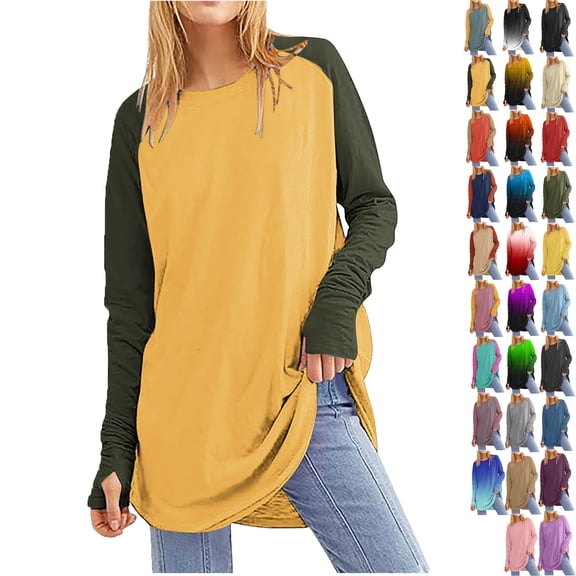 Women's Casual Long Sleeve Tops Crew Neck Round Hem Loose T-Shirts Tops with Thumb Holes Lightweight Workout Tops Running Pullover Women T Shirt Round Neck Basic Color Blocking Loose Tops