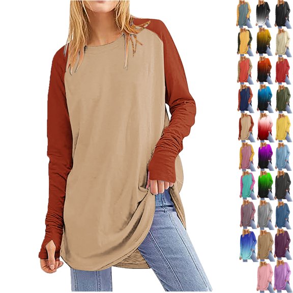 Women's Casual Long Sleeve Tops Crew Neck Round Hem Loose T-Shirts Tops with Thumb Holes Lightweight Workout Tops Running Pullover Women T Shirt Round Neck Basic Color Blocking Loose Tops