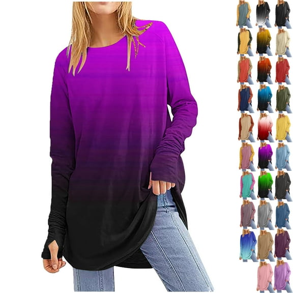Women's Casual Long Sleeve Tops Crew Neck Round Hem Loose T-Shirts Tops with Thumb Holes Lightweight Workout Tops Running Pullover Women T Shirt Round Neck Basic Gradient Color Loose Tops