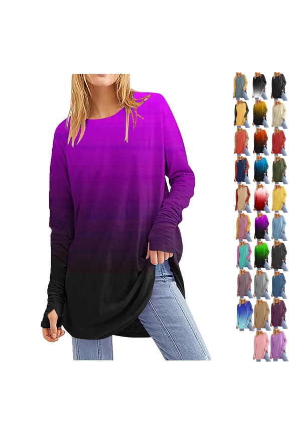 Women's Casual Long Sleeve Tops Crew Neck Round Hem Loose T-Shirts Tops with Thumb Holes Lightweight Workout Tops Running Pullover Women T Shirt Round Neck Basic Gradient Color Loose Tops