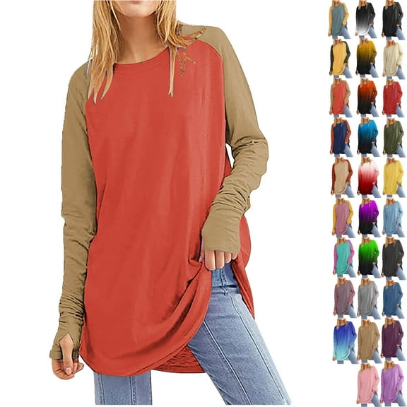 Women's Casual Long Sleeve Tops Crew Neck Round Hem Loose T-Shirts Tops with Thumb Holes Lightweight Workout Tops Running Pullover Women T Shirt Round Neck Basic Color Blocking Loose Tops