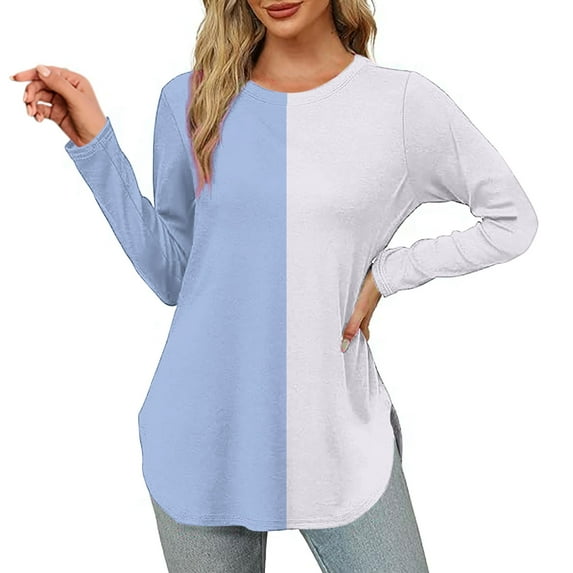 Women's Casual Long Sleeve Tops Crew Neck Round Hem Loose T-Shirts Tunic Tops Color Blocking Trendy Breathable Blouse 2024