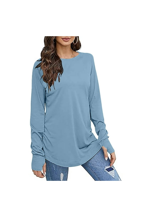 Women's Casual Long Sleeve Tops Crew Neck Round Hem Loose T Shirts Tunic Tops With Thumb Holes Turtle Neck Top for Women Exercise Shirts Women Pack Oversized Tee Shirts for Women Womens Bulk Casual